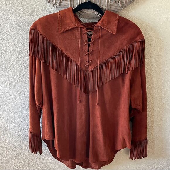 Vintage Rare Char Suede Leather Fringed Jacket Top With Shoulder Pads Brown Med